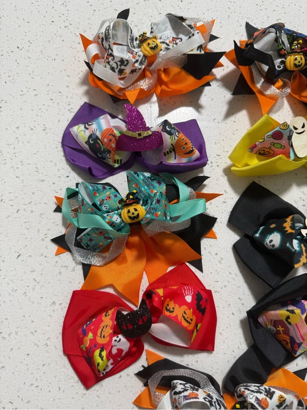 Lot of 9 Halloween Kids Hair Bows - Assorted Orange, Black, Purple, Red, Yellow